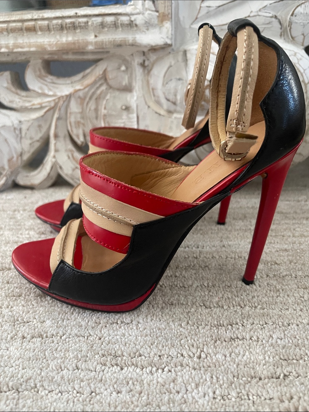 L.A.M.B. Jane Red, Black & Nude Strappy Stiletto Sandals